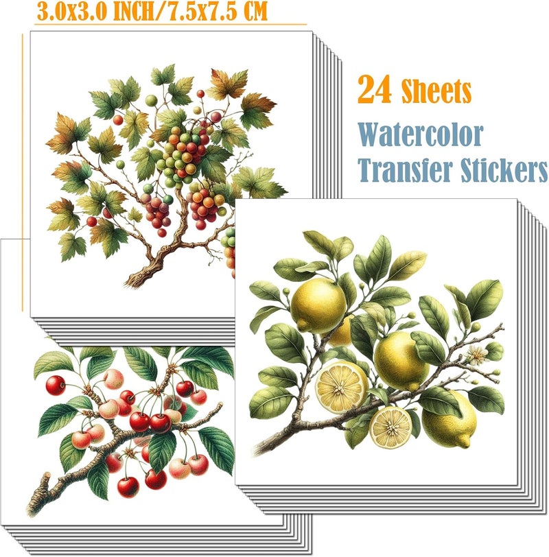 ZMRU 24 Sheets of Watercolor Style Rub on Transfers for Crafts - Perfect for Glass, Porcelain, Leather, Canvas, and Fabric Projects - IOD Transfers Included,3 * 3inch (Vintage Fruits) - Image 2